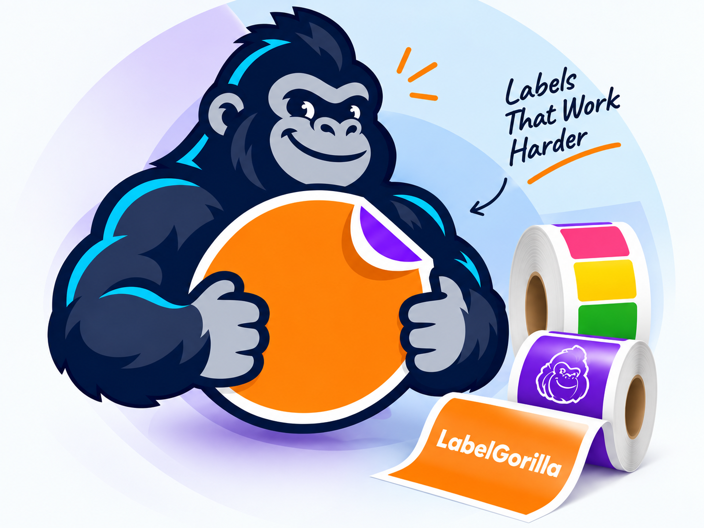 Gorilla holding an orange label beside rolls of colorful labels